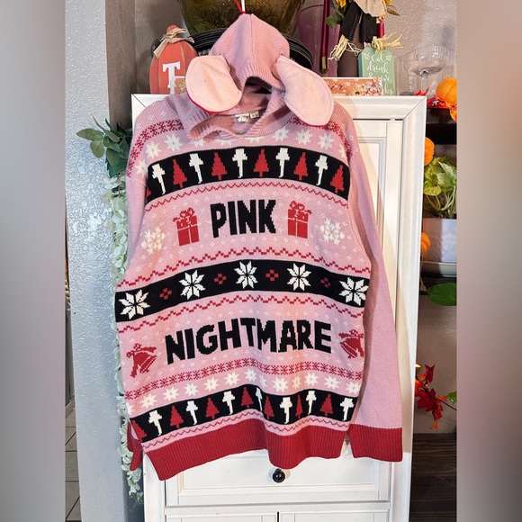 Pink Nightmare Ugly Christmas Sweater Hoodie Medium Unisex - Picture 2 of 7